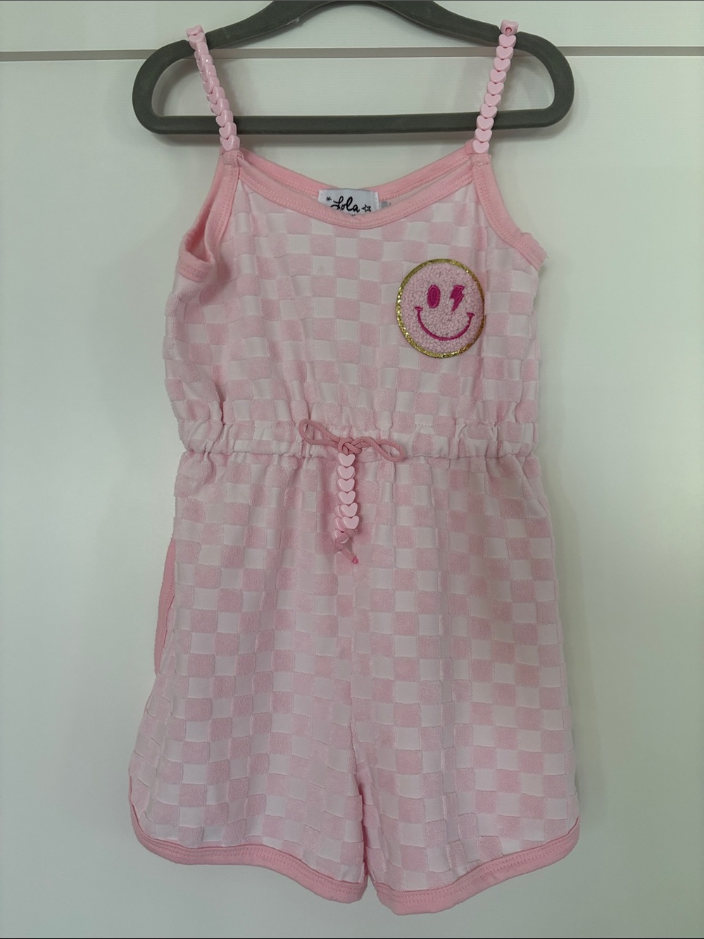 Lola + The Boys Pink Checkered Romper with Sequin Smiley